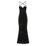 Justine | Robe Maxi Fleurie à Bretelles Croisées Noire