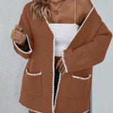 Capucine | Cardigan long femme à poches et bordure contrastante