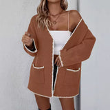 Capucine | Cardigan long femme à poches et bordure contrastante