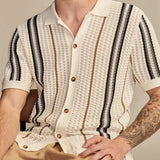 Fabien | Polo homme en tricot ajouré à rayures et boutonnière complète