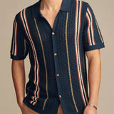Fabien | Polo homme en tricot ajouré à rayures et boutonnière complète