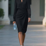 Margaux | Robe midi femme à taille drapée et manches longues