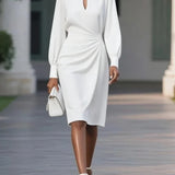 Margaux | Robe midi femme à taille drapée et manches longues