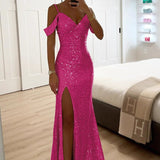 Bérénice | Robe maxi à paillettes avec fente avant et manches drapées