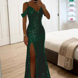 Bérénice | Robe maxi à paillettes avec fente avant et manches drapées