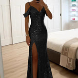 Bérénice | Robe maxi à paillettes avec fente avant et manches drapées