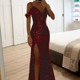 Bérénice | Robe maxi à paillettes avec fente avant et manches drapées