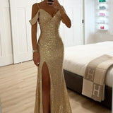 Bérénice | Robe maxi à paillettes avec fente avant et manches drapées