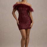 Robe Mini Pailletée Hors-Épaule avec Finition en Plumes