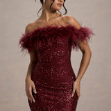 Robe Mini Pailletée Hors-Épaule avec Finition en Plumes