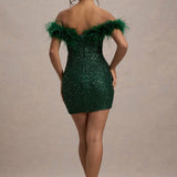 Robe Mini Pailletée Hors-Épaule avec Finition en Plumes