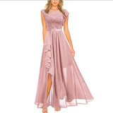 Célyra | Robe Maxi A-Ligne à Volants et Dentelle Élégante