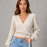 Monique | Pull femme tricoté à encolure en V avec ceinture à nouer