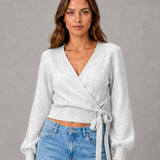Monique | Pull femme tricoté à encolure en V avec ceinture à nouer