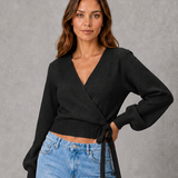 Monique | Pull femme tricoté à encolure en V avec ceinture à nouer