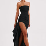 Robe Maxi Ruchée Sans Bretelles avec Fente Haute