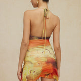 Sorelle | Robe mini halter à fente latérale asymétrique et imprimé artistique