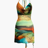 Sorelle | Robe mini halter à fente latérale asymétrique et imprimé artistique