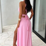 Lavérine | Robe maxi élégante à col halter et fente raffinée