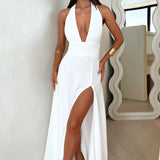 Lavérine | Robe maxi élégante à col halter et fente raffinée