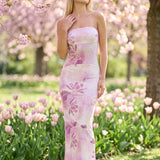 Solange | Robe de soirée maxi sans bretelles à imprimé floral