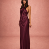 Lucienne | Robe Maxi Satinée à Col Halter Élégant