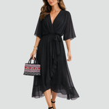 Aliénor | Robe Midi Élégante à Col Croisé et Taille Nouée