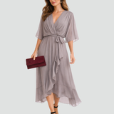 Aliénor | Robe Midi Élégante à Col Croisé et Taille Nouée