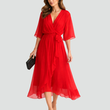 Aliénor | Robe Midi Élégante à Col Croisé et Taille Nouée