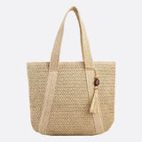 Sienna | Grand sac en paille zippé avec bandoulière – Sac fourre-tout d'été pour femmes avec poche intérieure et pompon décoratif