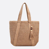 Sienna | Grand sac en paille zippé avec bandoulière – Sac fourre-tout d'été pour femmes avec poche intérieure et pompon décoratif