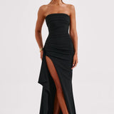 Robe Maxi Ruchée Sans Bretelles avec Fente Haute